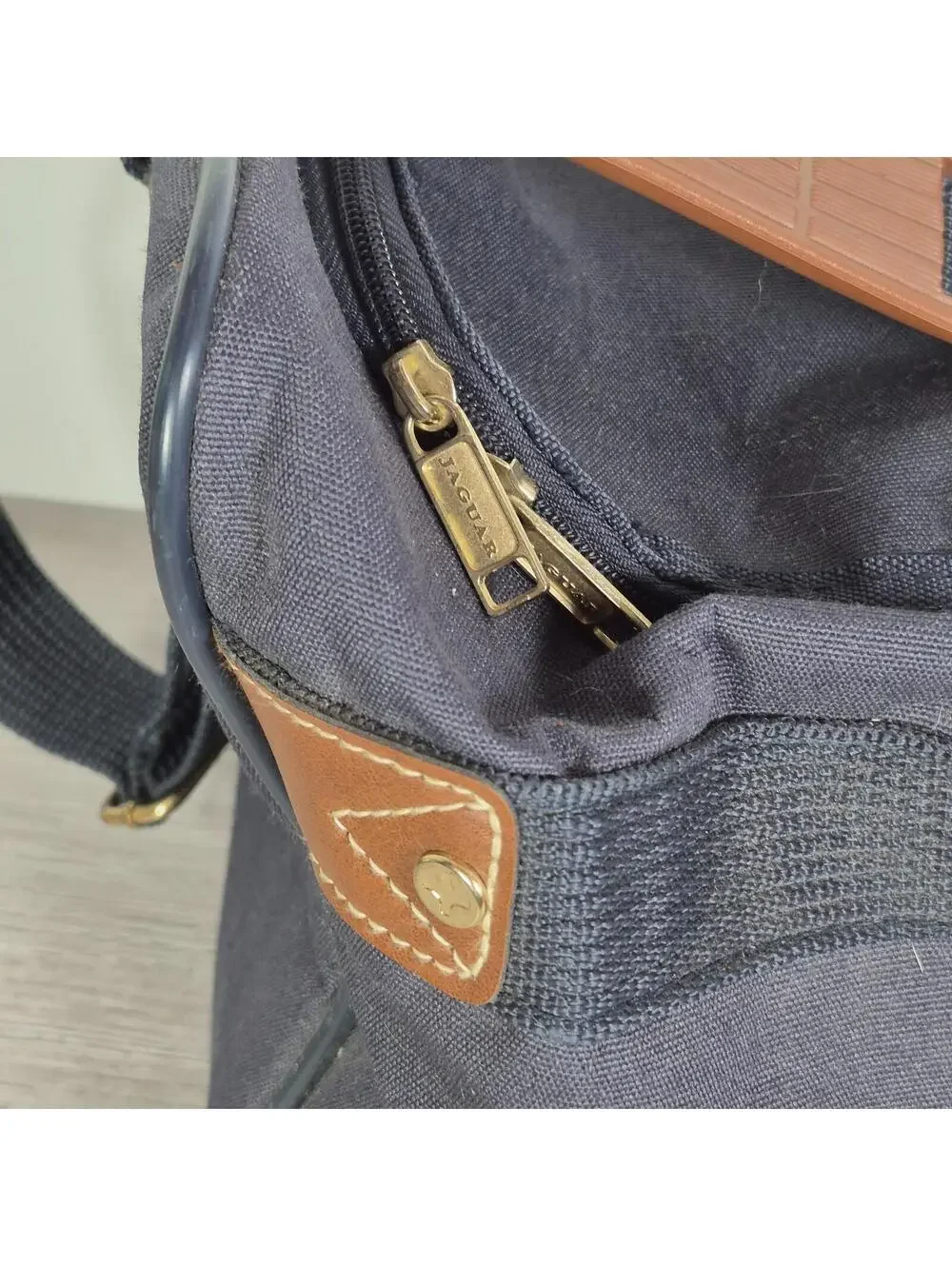 Vintage Jaguar Canvas Faux Leather Duffle Bag Navy Blue Large 90s Travel Luggage